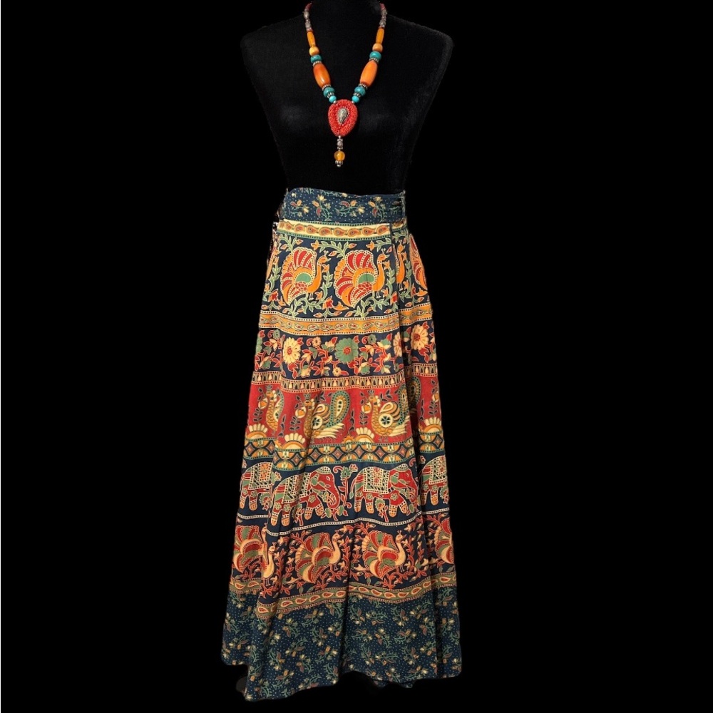 Vintage - Pheasant/Elephant Print Maxi Wrap Skirt - Adjustable Waist
